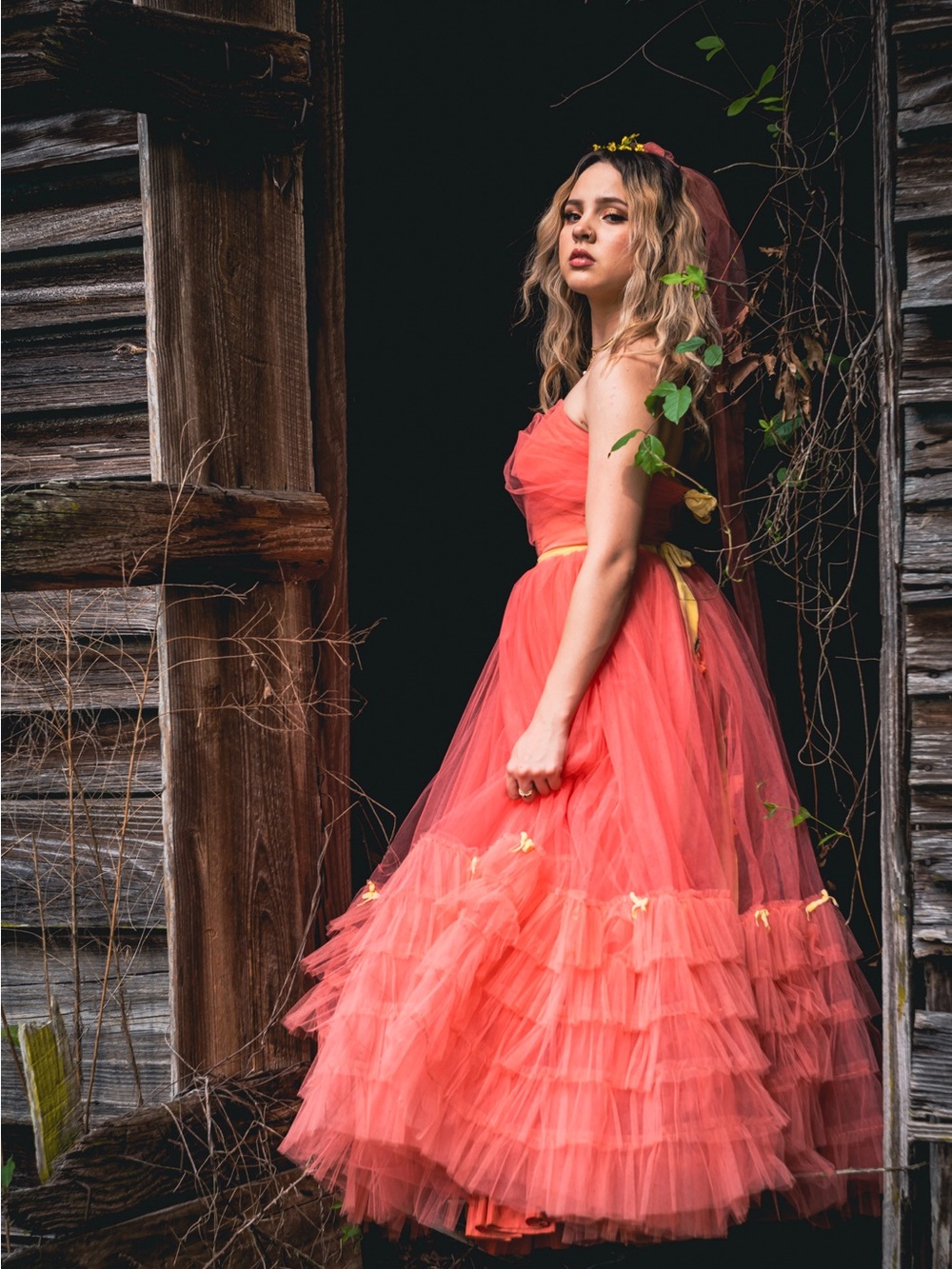 Strapless Coral Tulle Gown with Yellow Accents